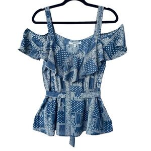 SWEET RAIN Blue & White Cowgirl Handkerchief Off Shoulder Tank Top Size Medium